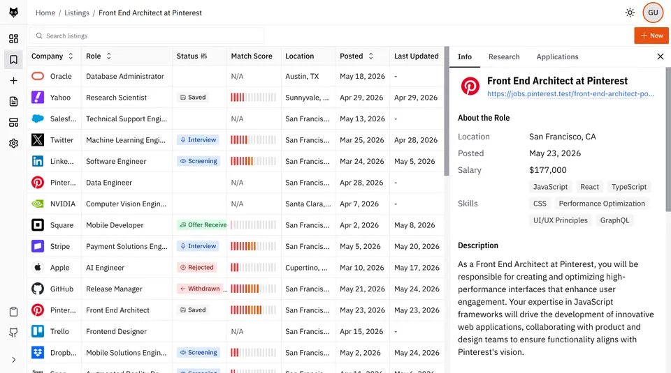 Tracking saved listings and active applications
