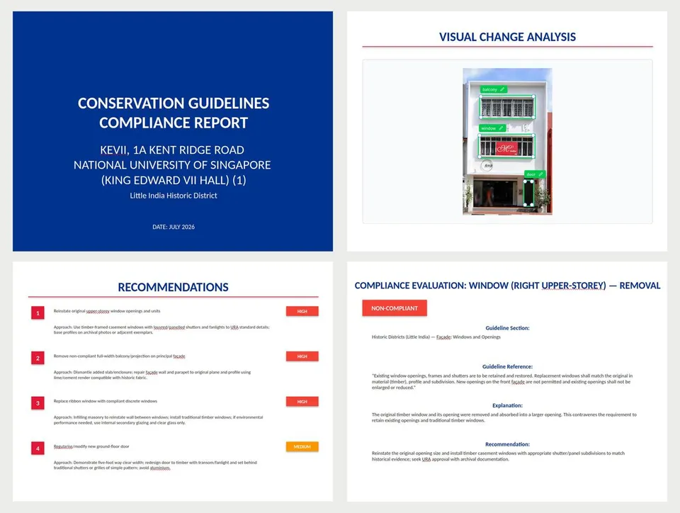 Generated presentation summarizing facade changes, compliance findings, and recommendations