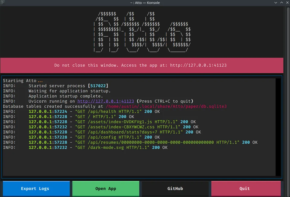 Local launcher showing the application server status