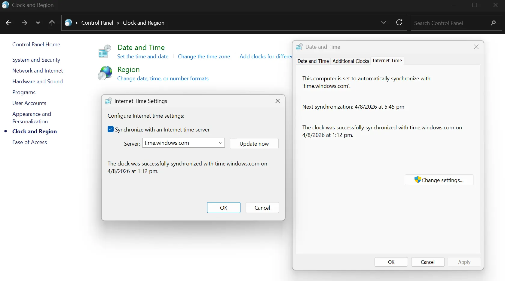 Windows setting for automatic NTP time synchronization